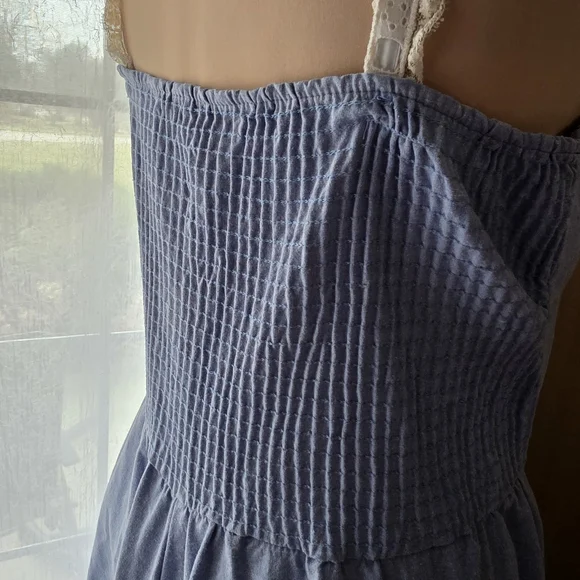 Vintage 70s Frederick's of Hollywood Tiered Denim Dress Medium w Lace Straps - Picture 6 of 9